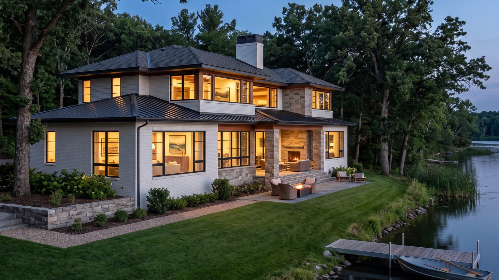 A lakeside Minnesota home lit at dusk, of the kind held in the Quiet Homes registry